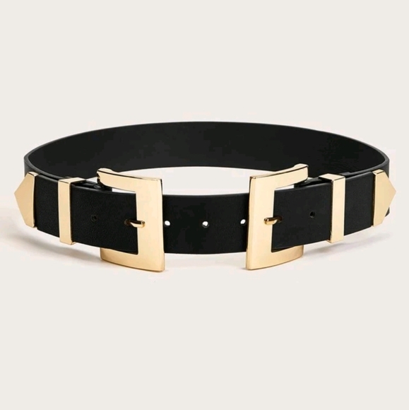 Gold Chunky double buckle Black vegan leather wide waist corset belt - Picture 6 of 16